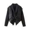 Suninherat Autumn Faux Leather Jacket Black PU Jacket Coat with Belt Lapel Women's Outwear