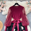 Senior Knitted Patchwork Dress Long Lantern Sleeves Bow Mesh Embroidery Floral Women Autumn France Elegant Party Dress