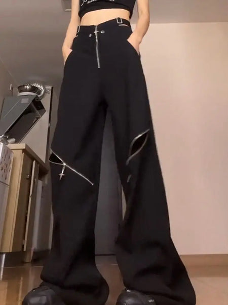 American retro high street design sense of foreign style pants women's autumn and winter street Joker hole overalls
