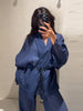 Casual Women Shirt Pant Set V-Neck Lace Up Loose Long Sleeve Top Wide Leg Trousers Suit Spring Autumn Chic Lady Outfits