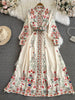 Runway Designer Dresses Women Stand Neck Long Sleeve Floral Print With Belt Boho Holiday Dress Flower Long Robes