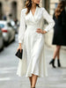 Autumn Women's Notched Work Long Sleeve Maxi Dress Wrap Waist A Line Midi Dress Elegant Long Party Dress Robe Femme