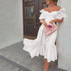 Dress Women Off Shoulder Mid Length Dresses Solid Dot Sexy Splice Tight High Waist V Neck A Line Elegant Slim Fit Vestid