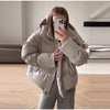 Women Hooded Stand Collar Cropped Puffer Jacket Zip Snap Button Loose Slim Short Quilted Casual Winter Warm Outerwear Coat