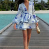 Stylish And Elegant Flower Print Women's Mini Dress Chic V-neck Puff Long Sleeve Double Layer Ruffle Mini Dress Autumn