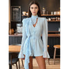 Light Blue Chiffon Short Dress Women Chic Solid Deep V-neck Crop Top Long Ruffle Fringe Slim Fit Dresses Lady Club Party Wear