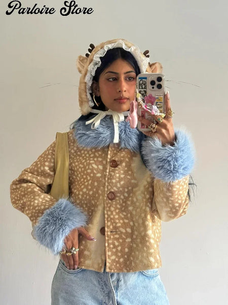Women Deer Print Faux Fur Cropped Coats Blue Contrast Lapel Cuff Button Up Fluffy Warm Coat Winter Casual Chic Wear