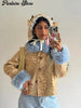 Women Deer Print Faux Fur Cropped Coats Blue Contrast Lapel Cuff Button Up Fluffy Warm Coat Winter Casual Chic Wear