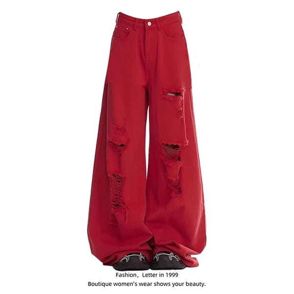 Women Red Ripped Jeans Baggy Vintage Aesthetic Streetwear Cowboy Pants Harajuku Oversize Denim Trousers Y2k 2000s Clothes