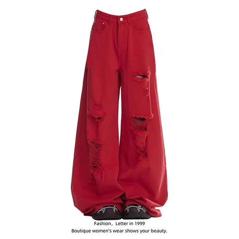 Women Red Ripped Jeans Baggy Vintage Aesthetic Streetwear Cowboy Pants Harajuku Oversize Denim Trousers Y2k 2000s Clothes