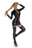 Sexy Women Latex PU Micro Mini Dress Shiny Zipper Open Bust Long Sleeve Costume Tight Dress Elastic Bodycon Pack Hip Leoatrd