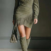 Spring Retro Imitation Suede Tassels Party Dress Woman Sexy Lapel Draped Irregular Dress Autumn Long Sleeve Slim Mini Dress