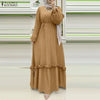 Modest Hijabs Abaya Long Dresses Women Muslim Ramadan O-Neck Pleated Lantern Sleeve Solid Color Ruffles A-Line Robes 3XL