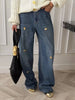 Loose Spliced Metal Decoration Versatile Jeans for Women High Waist Casual Wide Leg Jean Female Clothes