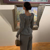 Elegant Woolen Top Pants Women Set Urban Long Sleeve Slash Neck Pleated Blouse Straight Trousers Autumn Winter Lady Suit