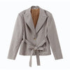 Women Plaid Shoulder Pad Jacket Shorts Set Casual Stand Collar Full Sleeve Belted Buttons Blazer Suit Lady Daily Street Outfits