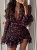 Women Elegant Flora Painted Ruffle Mini Dress Chic Full Sleeve Deep V-neck Slim A-line Dresses Lady Vacation Street Gowns