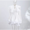 Solid Ruffle Mini Dress U Neck Long Puff Sleeve Tie Neck Tiered Hem Sweet Style Gown Soft Pastel Tones Chic Women Outfit
