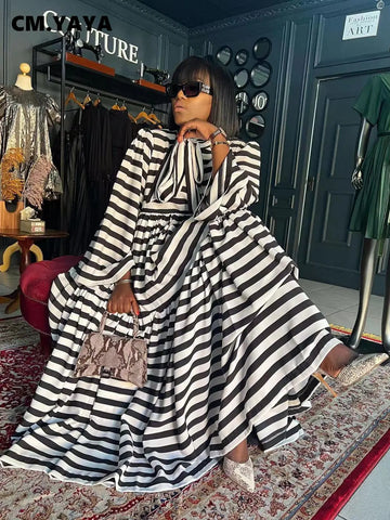 Vintage Women Striped Bowknot Collar Long Sleeve High Waist Big Swing Babydoll Maxi Long Dress Vestidos Dresses