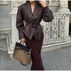 Woman Vintage Brown Lace Up Pu Leather Jacket Slim Fit Lapel Collar Long Sleeved Short Coats Fall Lady Chic Outfits