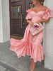 Dress Women Off Shoulder Mid Length Dresses Solid Dot Sexy Splice Tight High Waist V Neck A Line Elegant Slim Fit Vestid