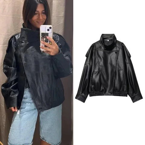 Chic Black Faux Leather Jackets Women Long Sleeve Buttons Elastic Oversized Coats Autumn Winter Streetwear