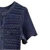 Women Diamond Embellished Sparkling Knitted Dress Hollow Out Elegant Female O-Neck Navy Blue Single Breasted Knit Midi Robe