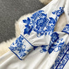 Elegant Blue And White Porcelain Flower Print Dresses Women Stand Collar Lantern Long Sleeve Belt Vintage Single Breasted Robe