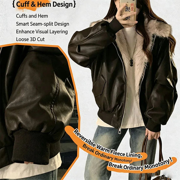 Winter Thick Warm Fleece Hooded Jacket Women Korean Loose Zipper Leather Coats Chic Full Faux Fur Lined Bomber Outerwear
