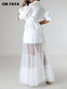 Women Puff Half Sleeve Cascading Ruffles Mesh Patchwork Shirt Style Maxi Dress Autumn Street Long Dresses Vestidos