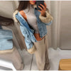 Furry Trim Cropped Denim Jacket Single Breasted Long‑Sleeve Winter Women Warm Outerwear Versatile Lady Casual Jean Coat