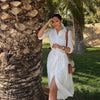 Elegant Embroidered White Dress Women Chic Lapel Long Sleeve High Waist Lace Up Maxi Dresses Female Hollow Out Vestidos