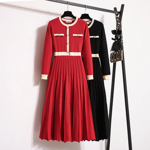 Autumn Winter Women O-neck Long Sleeve Knitted Pleated A-line Dress Christmas Party Red Sweater Long Dresses