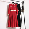 Autumn Winter Women O-neck Long Sleeve Knitted Pleated A-line Dress Christmas Party Red Sweater Long Dresses