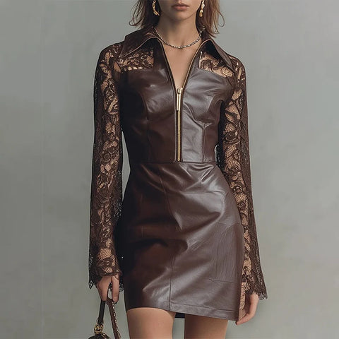 PU Leather Dresses for Women Elegant Brown Shirt Collar Half Zip Lace Long Sleeve PU Leather Mini Dress Vintage Slim Fit Dress
