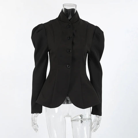 French Elegant Retro Stand Up Collar Black Suit Elegant Commuting Puff Sleeves Jacket for Women