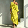 Women One Cold Shoulder Midi Dresses Loose Solid Draped Knot Waist Irregular Hem Dress Elegant Guest Holiday Formal Dress