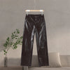 Leather Women's Pants Sets Chic Laple Single Breasted Long Sleeve Jackets Elastic Waist Straight Pants Suit Lady Outfits