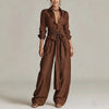 Vintage Solid High Waist Belted 2 Piece Sets Long Sleeve Button Lapel Shirt And Wide Leg Pants Woman Outfit Spring Vacation Suit