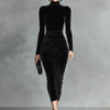 Folds Patchwork Long Sleeve Sheath Dress, Autumn Winter Turtleneck Casual Simple Maxi Dress, Solid Sexy Ladies Dress