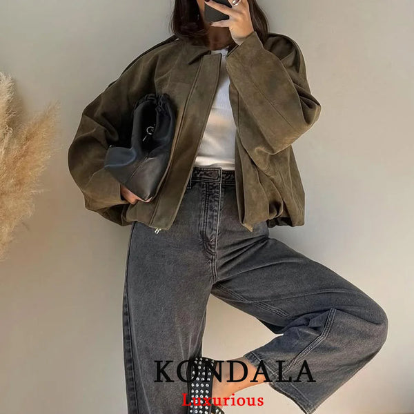Casual Soft Martini Green Bomber Jackets Women Long Lantern Sleeve Oversized Autumn Winter Coats Outwears