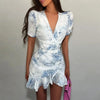 Women Sexy Flora Painted Ruffle Slim Dress Chic Deep V-neck Double Layered Ruffled Hem Dresses Lady Daily Party Gowns