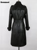 Spring Autumn Long Black Soft Faux Leather Trench Coat for Women Belt Double Breasted Elegant Overcoat 5xl 6xl
