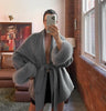Women's Solid Lapel Woolen Coat Elegant Full Sleeves Lace Up Loose Patchwork V-neck Overcoat Winter Office Commute Jacket