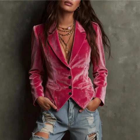 Pink Velvet Short Jacket for Women's Long Sleeve Notched Collar Single Breasted Elegant Office Lady Asymmetric Hem Outerwear