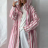 Striped Hooded Long Trench Coat Drawstring Waist Open Front Spring Women Glam Outerwear Warm Casual Lady Windbreaker Jacket