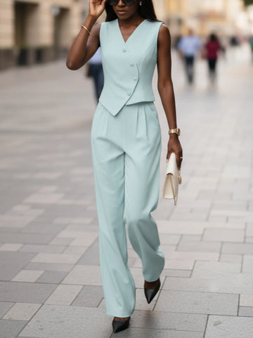 Stylish 2 Pieces Pant Sets Women Irregular Placket Vests Tops and Wide Leg Pants 2pcs Suits Elegant Commuting Outfits 3XL