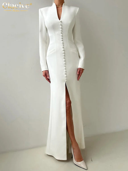 Sexy Slim White Women's Dress V-Neck Long Sleeve Ankle Length Dresses Elegant Classic Slit Female Dress