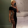 Sexy Solid Hollow Out Bodycon Dress Women One-shoulder Elegant A-line Belted Fit-and-flare Vestidos Lady Light Social Gowns