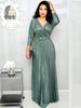 Elegant Women's Long Dress Long Sleeve Bronzing Pleated Dress With Belt High Waist V-neck Party Dresses Robe Femme